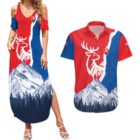 Slovakia – Red Blue Deer and Mountain Design Couples Matching Summer Maxi Dress and Hawaiian Shirt with National Symbols