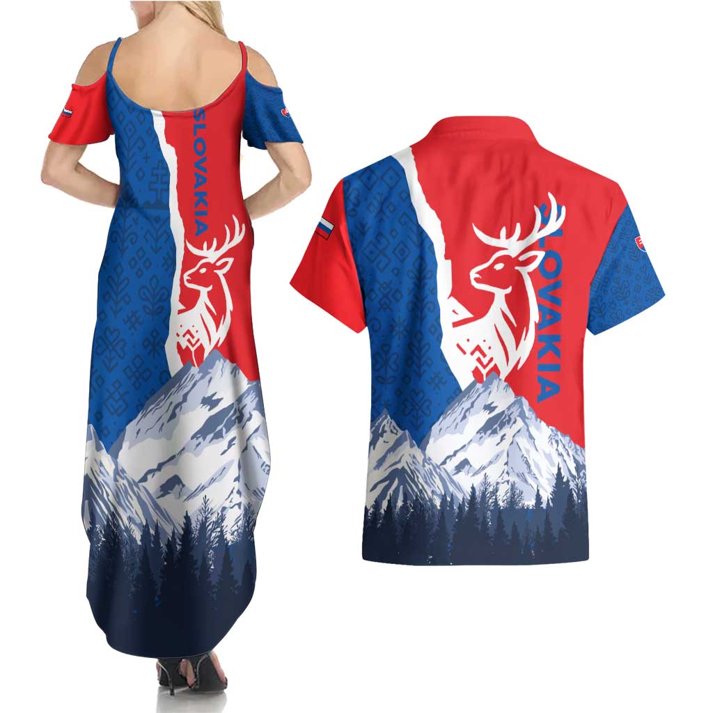 Slovakia – Red Blue Deer and Mountain Design Couples Matching Summer Maxi Dress and Hawaiian Shirt with National Symbols