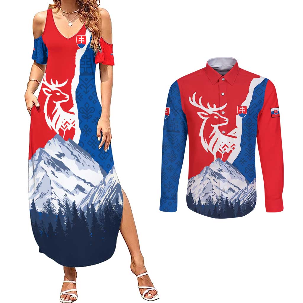 Slovakia – Red Blue Deer and Mountain Design Couples Matching Summer Maxi Dress and Long Sleeve Button Shirt with National Symbols