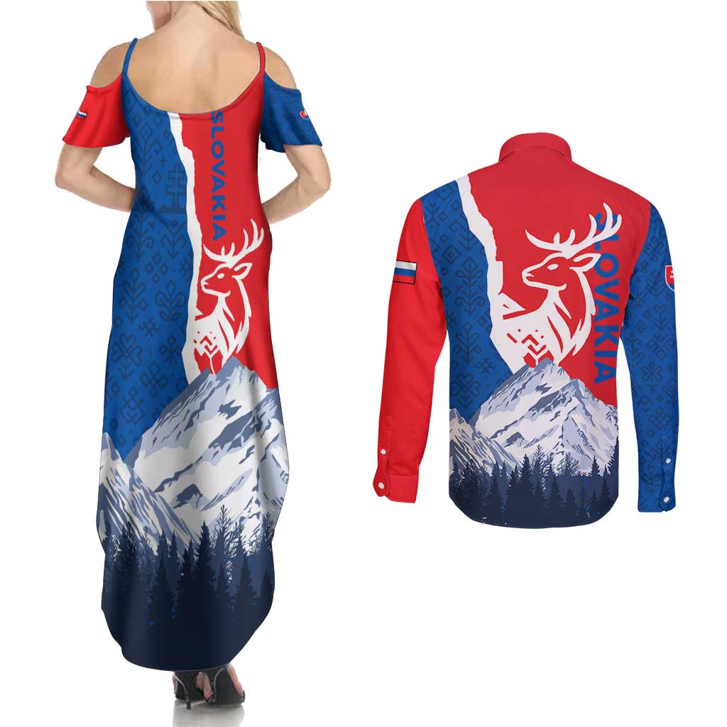 Slovakia – Red Blue Deer and Mountain Design Couples Matching Summer Maxi Dress and Long Sleeve Button Shirt with National Symbols