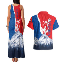 Slovakia – Red Blue Deer and Mountain Design Couples Matching Tank Maxi Dress and Hawaiian Shirt with National Symbols
