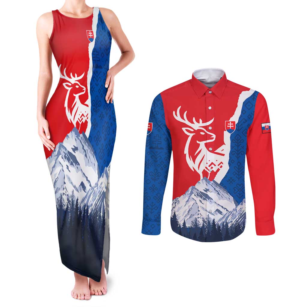 Slovakia – Red Blue Deer and Mountain Design Couples Matching Tank Maxi Dress and Long Sleeve Button Shirt with National Symbols