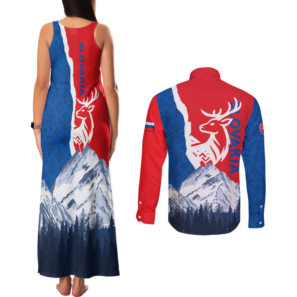Slovakia – Red Blue Deer and Mountain Design Couples Matching Tank Maxi Dress and Long Sleeve Button Shirt with National Symbols