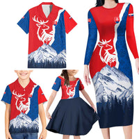 Slovakia – Red Blue Deer and Mountain Design Family Matching Long Sleeve Bodycon Dress and Hawaiian Shirt with National Symbols