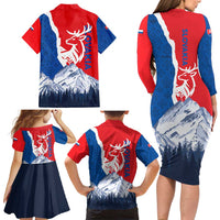 Slovakia – Red Blue Deer and Mountain Design Family Matching Long Sleeve Bodycon Dress and Hawaiian Shirt with National Symbols
