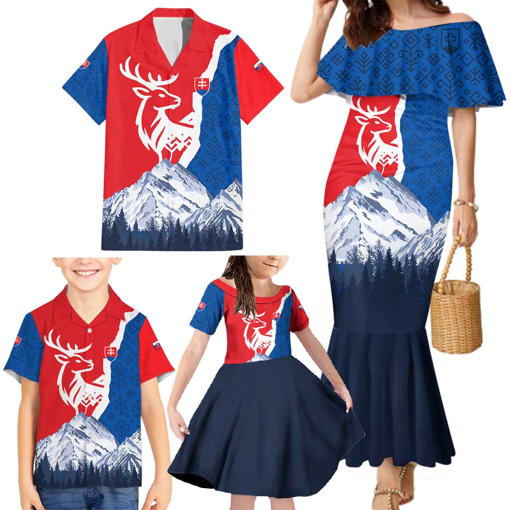 Slovakia – Red Blue Deer and Mountain Design Family Matching Mermaid Dress and Hawaiian Shirt with National Symbols
