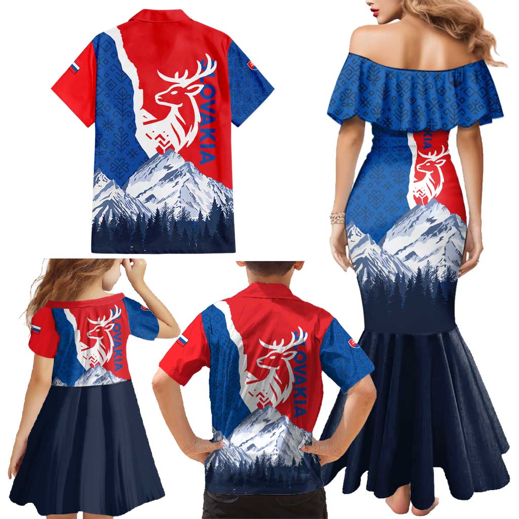 Slovakia – Red Blue Deer and Mountain Design Family Matching Mermaid Dress and Hawaiian Shirt with National Symbols