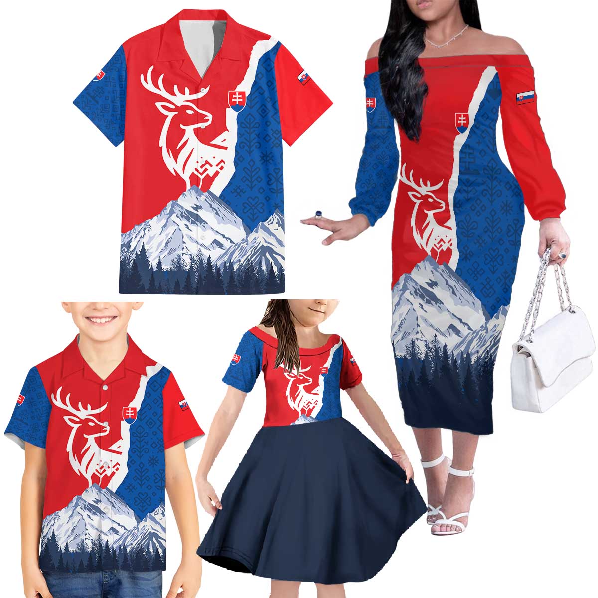 Slovakia – Red Blue Deer and Mountain Design Family Matching Off The Shoulder Long Sleeve Dress and Hawaiian Shirt with National Symbols