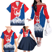 Slovakia – Red Blue Deer and Mountain Design Family Matching Off The Shoulder Long Sleeve Dress and Hawaiian Shirt with National Symbols