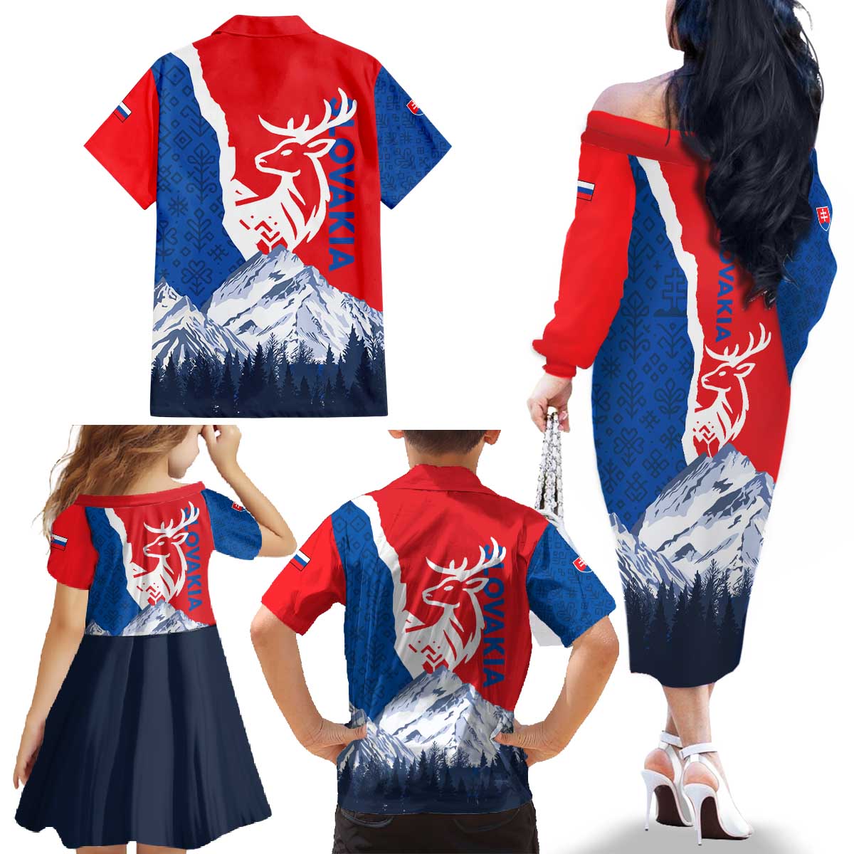 Slovakia – Red Blue Deer and Mountain Design Family Matching Off The Shoulder Long Sleeve Dress and Hawaiian Shirt with National Symbols