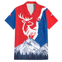 Slovakia – Red Blue Deer and Mountain Design Family Matching Off The Shoulder Long Sleeve Dress and Hawaiian Shirt with National Symbols