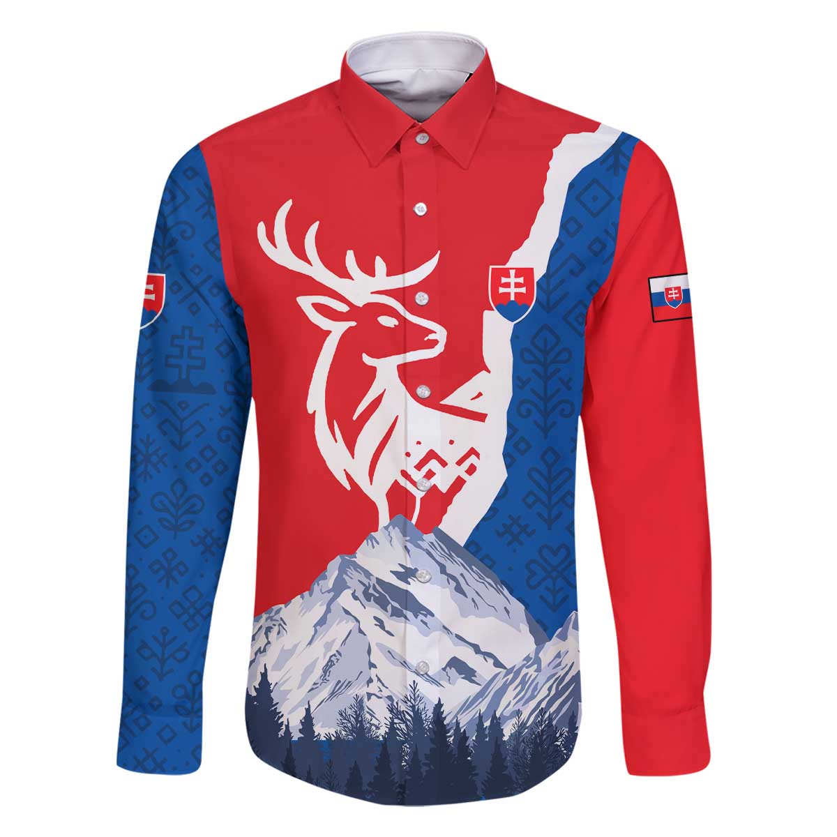 Slovakia – Red Blue Deer and Mountain Design Family Matching Off The Shoulder Long Sleeve Dress and Hawaiian Shirt with National Symbols