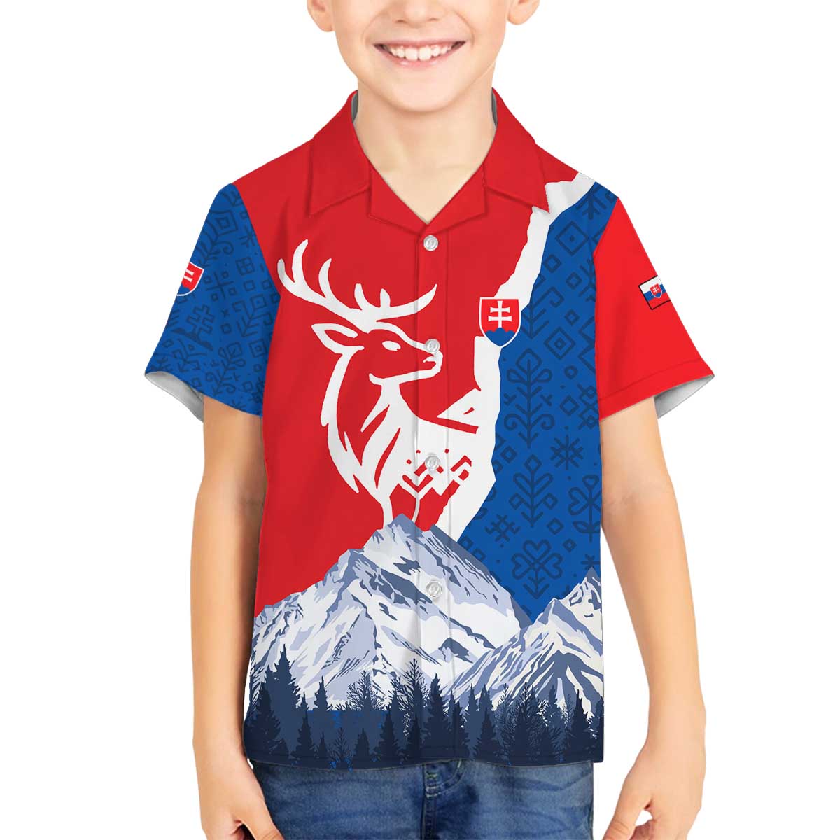 Slovakia – Red Blue Deer and Mountain Design Family Matching Off The Shoulder Long Sleeve Dress and Hawaiian Shirt with National Symbols
