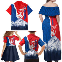 Slovakia – Red Blue Deer and Mountain Design Family Matching Off Shoulder Maxi Dress and Hawaiian Shirt with National Symbols