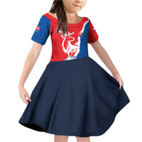 Slovakia – Red Blue Deer and Mountain Design Family Matching Off Shoulder Short Dress and Hawaiian Shirt with National Symbols