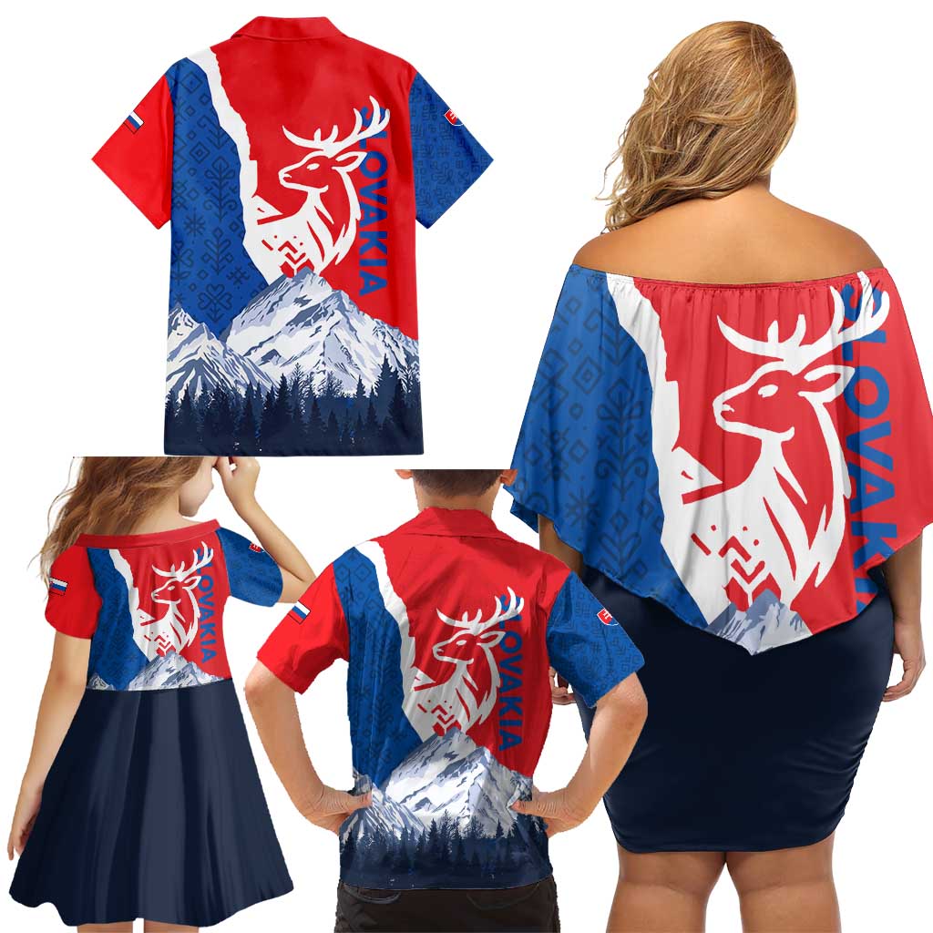 Slovakia – Red Blue Deer and Mountain Design Family Matching Off Shoulder Short Dress and Hawaiian Shirt with National Symbols
