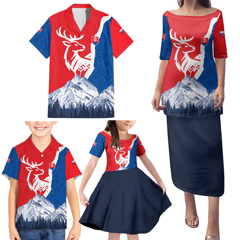 Slovakia – Red Blue Deer and Mountain Design Family Matching Puletasi and Hawaiian Shirt with National Symbols