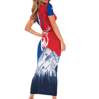 Slovakia – Red Blue Deer and Mountain Design Family Matching Short Sleeve Bodycon Dress and Hawaiian Shirt with National Symbols