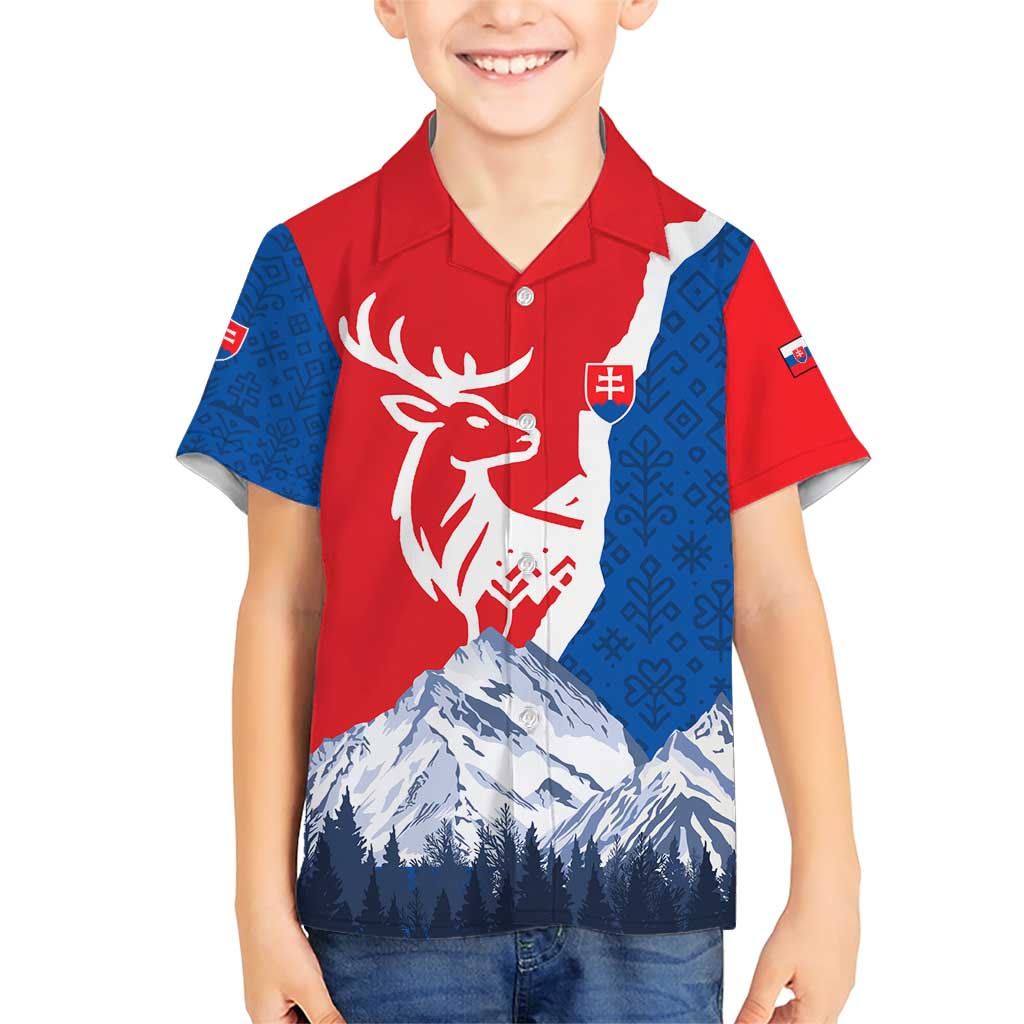 Slovakia – Red Blue Deer and Mountain Design Family Matching Short Sleeve Bodycon Dress and Hawaiian Shirt with National Symbols