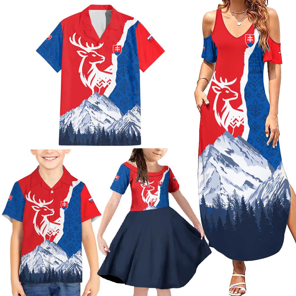 Slovakia – Red Blue Deer and Mountain Design Family Matching Summer Maxi Dress and Hawaiian Shirt with National Symbols