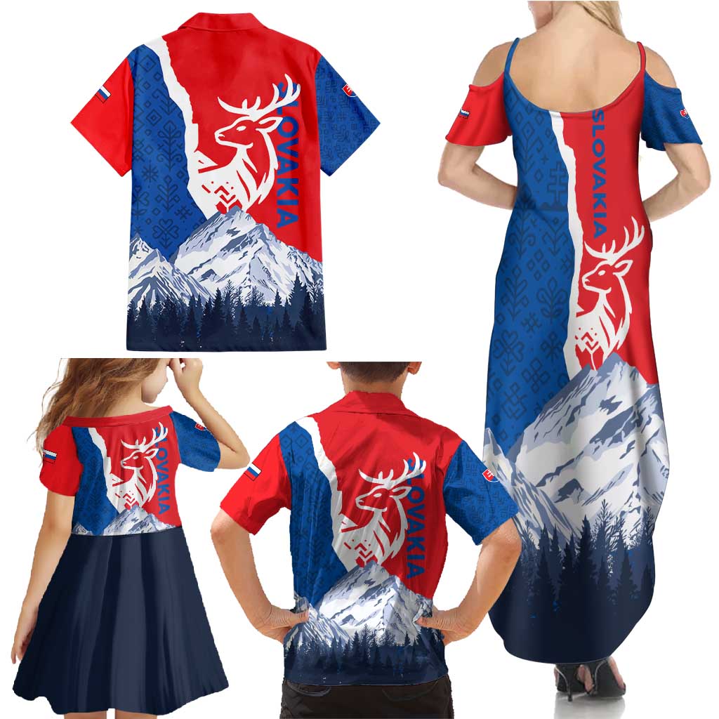 Slovakia – Red Blue Deer and Mountain Design Family Matching Summer Maxi Dress and Hawaiian Shirt with National Symbols