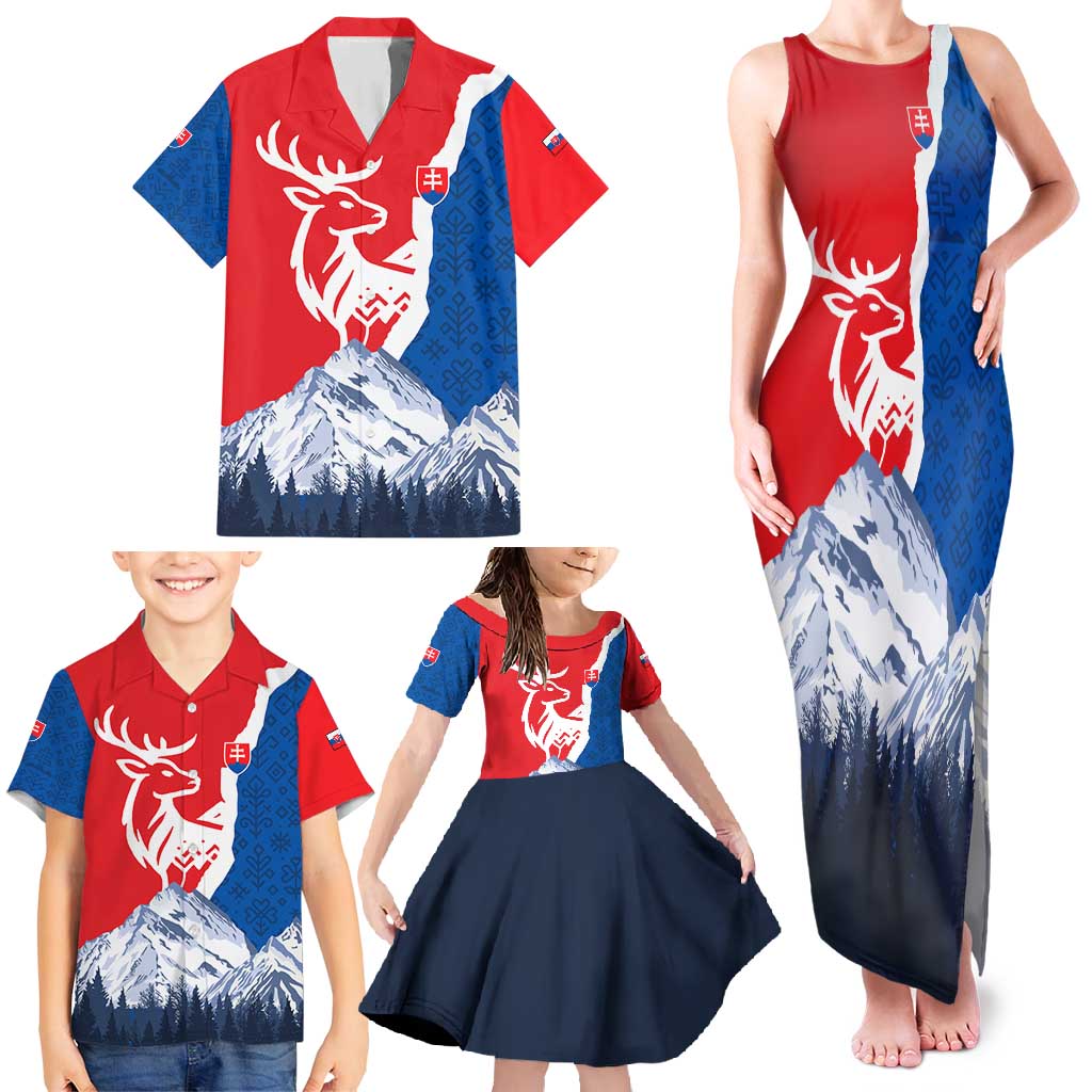 Slovakia – Red Blue Deer and Mountain Design Family Matching Tank Maxi Dress and Hawaiian Shirt with National Symbols