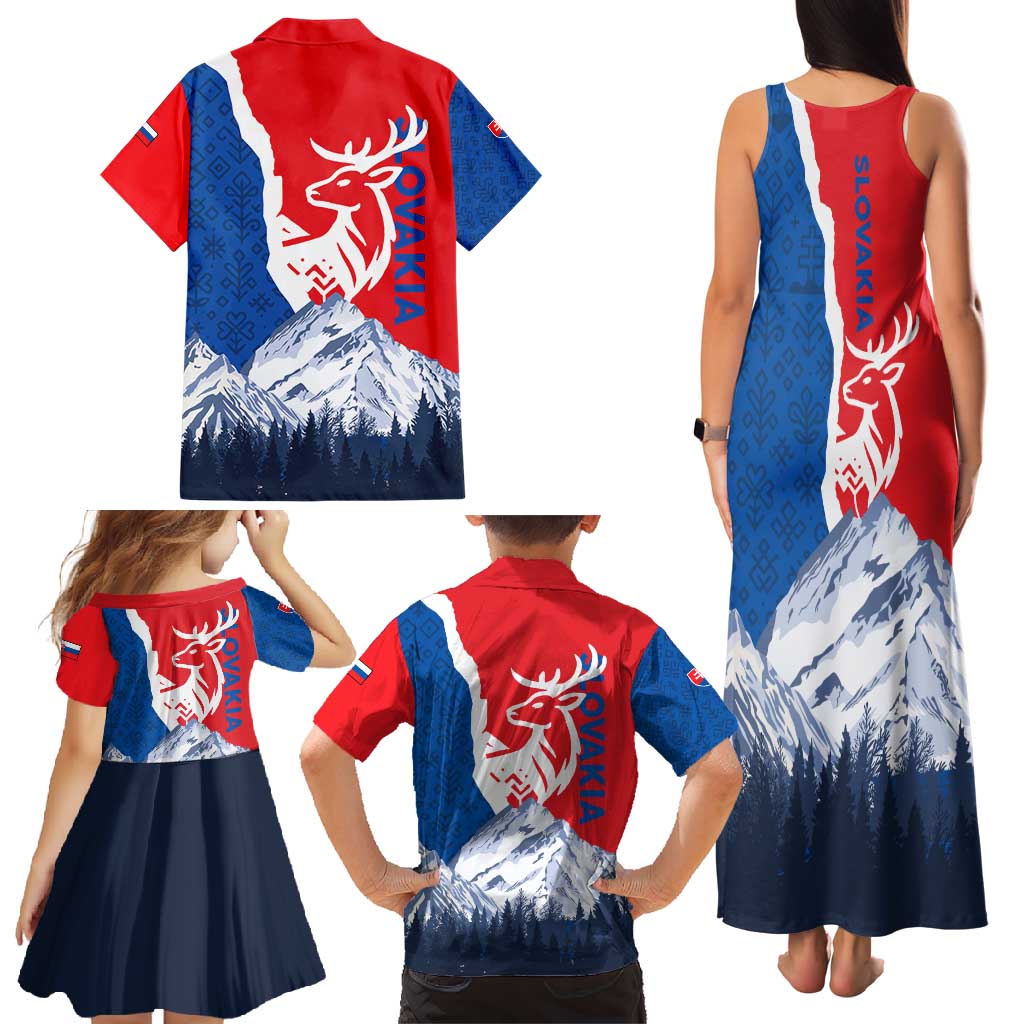 Slovakia – Red Blue Deer and Mountain Design Family Matching Tank Maxi Dress and Hawaiian Shirt with National Symbols