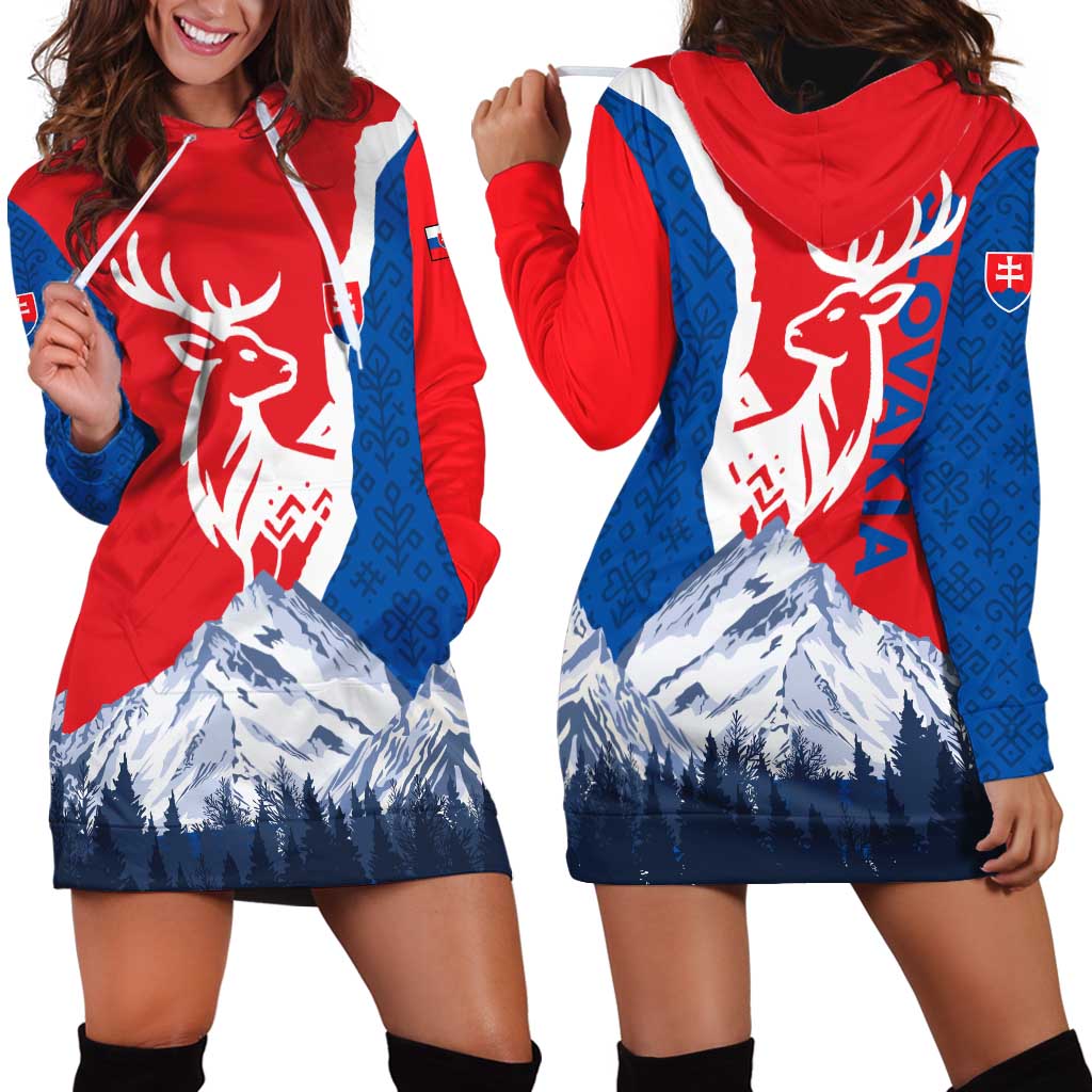 Slovakia – Red Blue Deer and Mountain Design Hoodie Dress with National Symbols