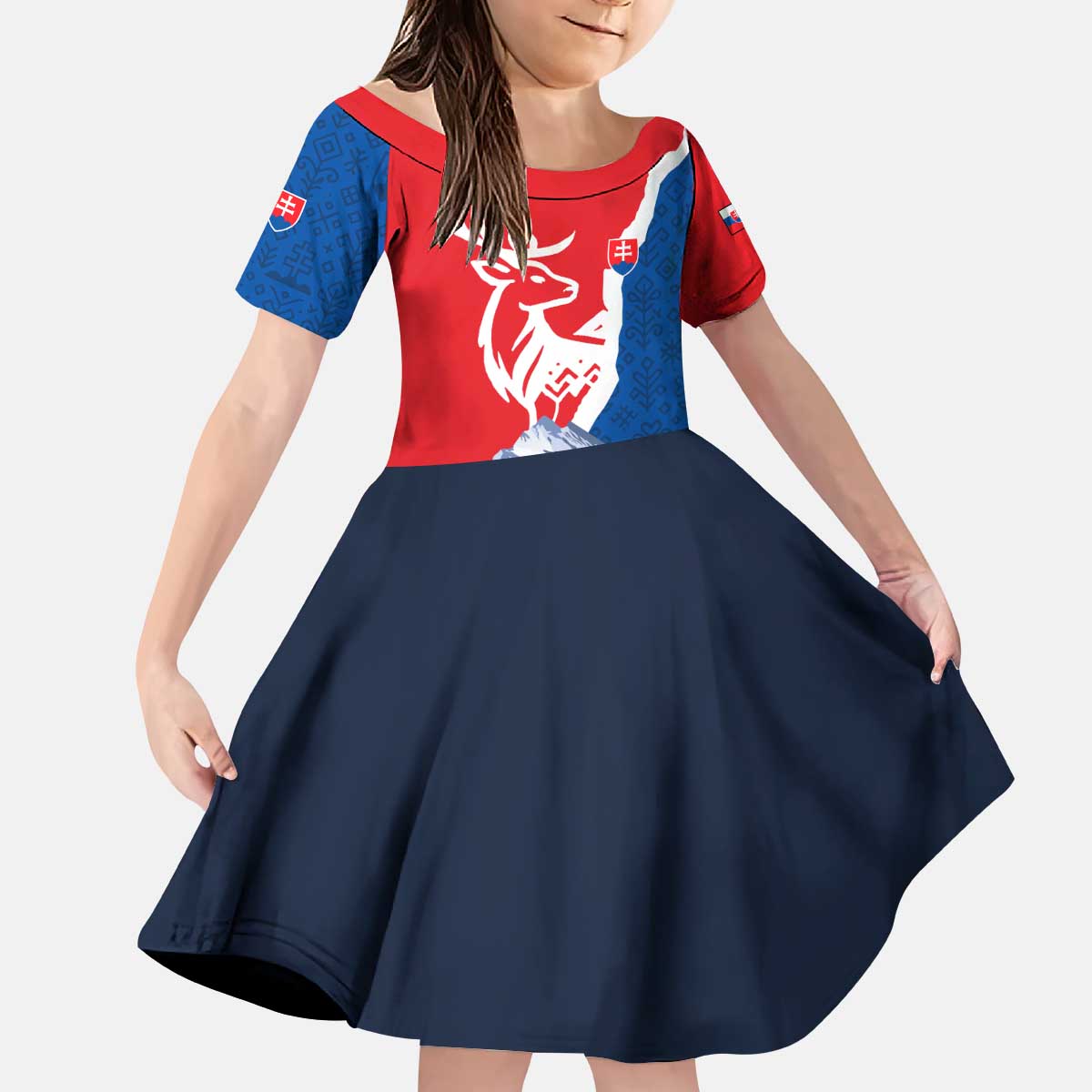 Slovakia – Red Blue Deer and Mountain Design Kid Short Sleeve Dress with National Symbols