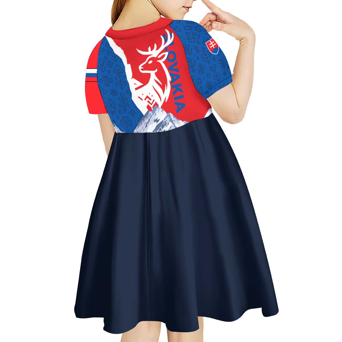 Slovakia – Red Blue Deer and Mountain Design Kid Short Sleeve Dress with National Symbols
