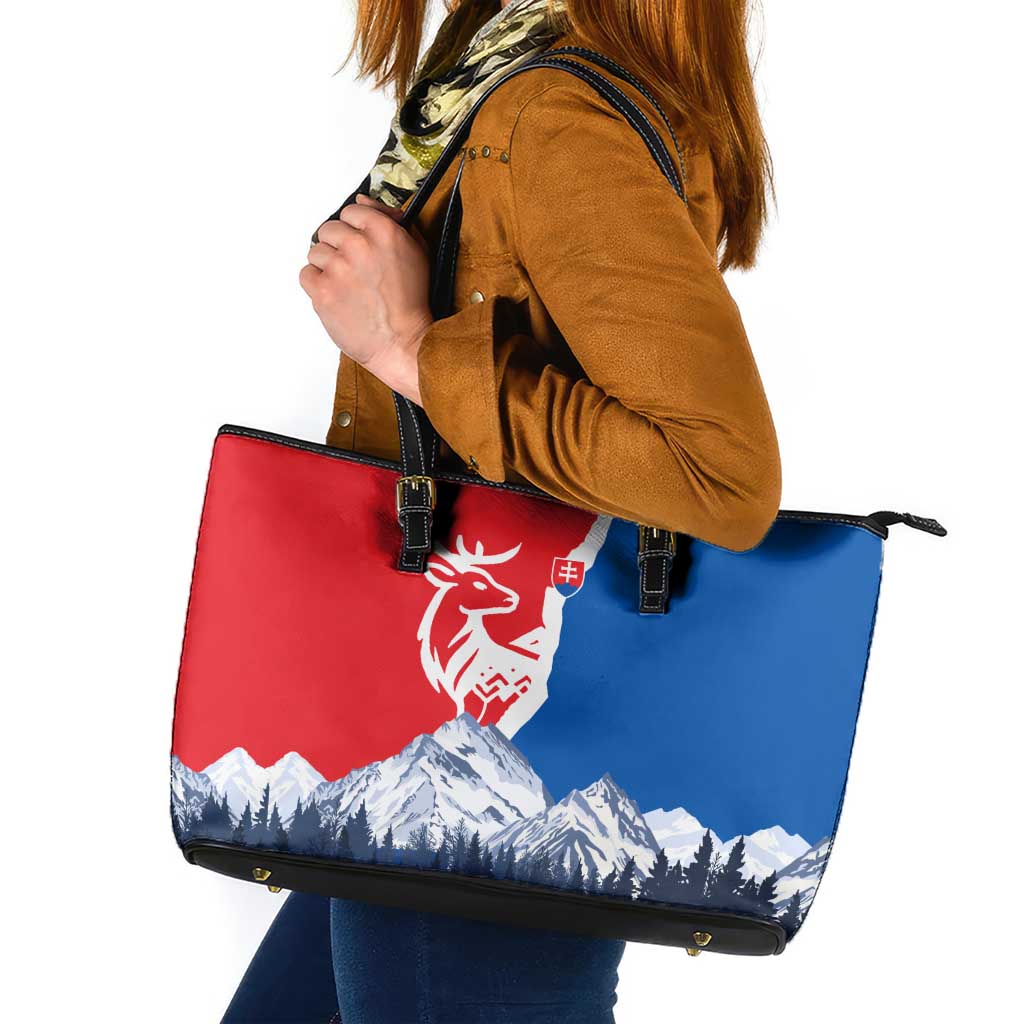 Slovakia – Red Blue Deer and Mountain Design Leather Tote Bag with National Symbols