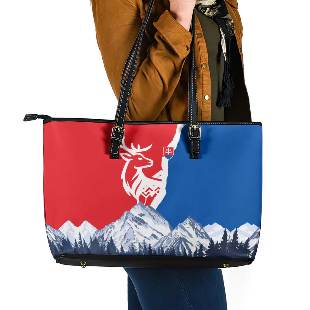 Slovakia – Red Blue Deer and Mountain Design Leather Tote Bag with National Symbols