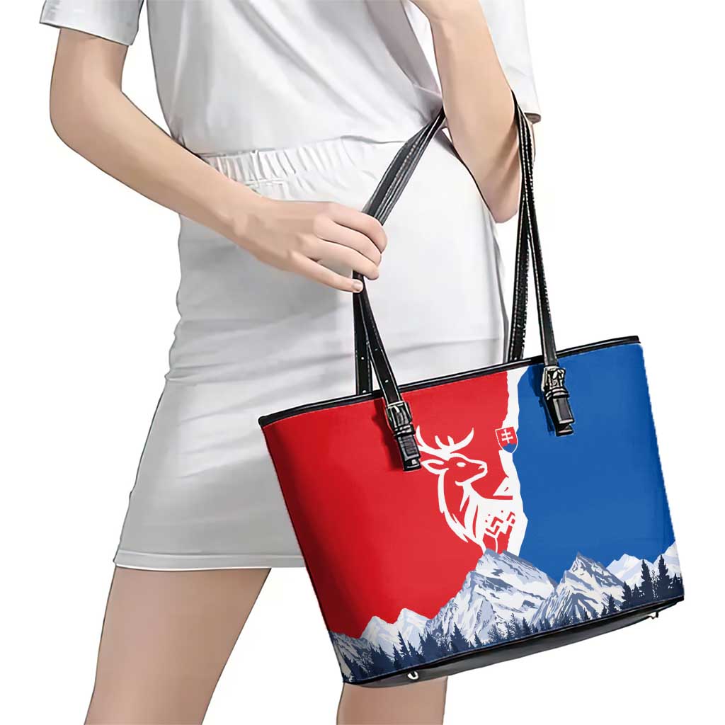 Slovakia – Red Blue Deer and Mountain Design Leather Tote Bag with National Symbols