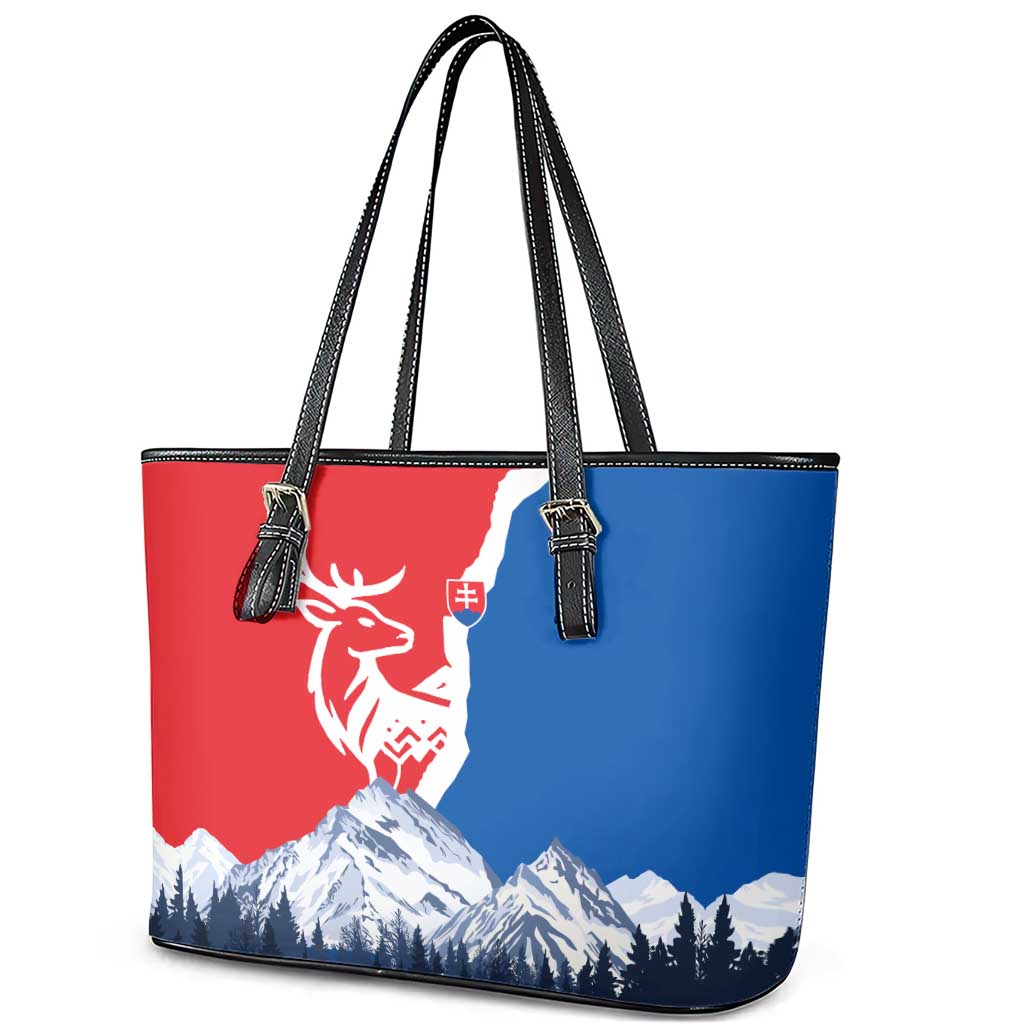 Slovakia – Red Blue Deer and Mountain Design Leather Tote Bag with National Symbols