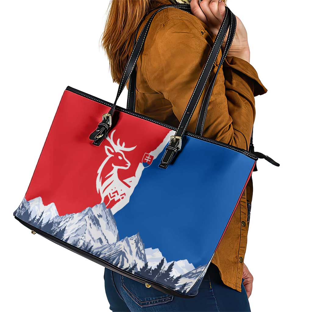 Slovakia – Red Blue Deer and Mountain Design Leather Tote Bag with National Symbols