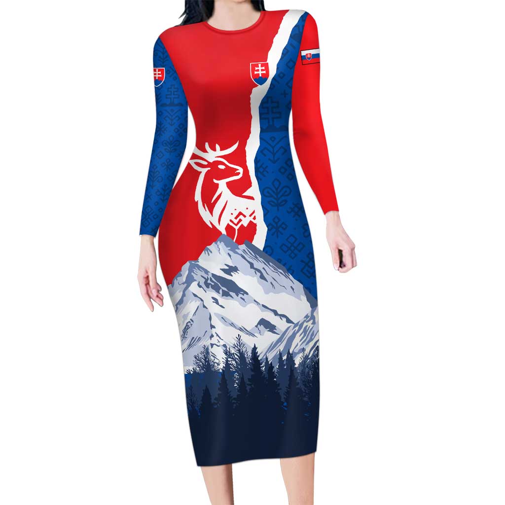 Slovakia – Red Blue Deer and Mountain Design Long Sleeve Bodycon Dress with National Symbols