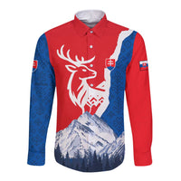Slovakia – Red Blue Deer and Mountain Design Long Sleeve Button Shirt with National Symbols