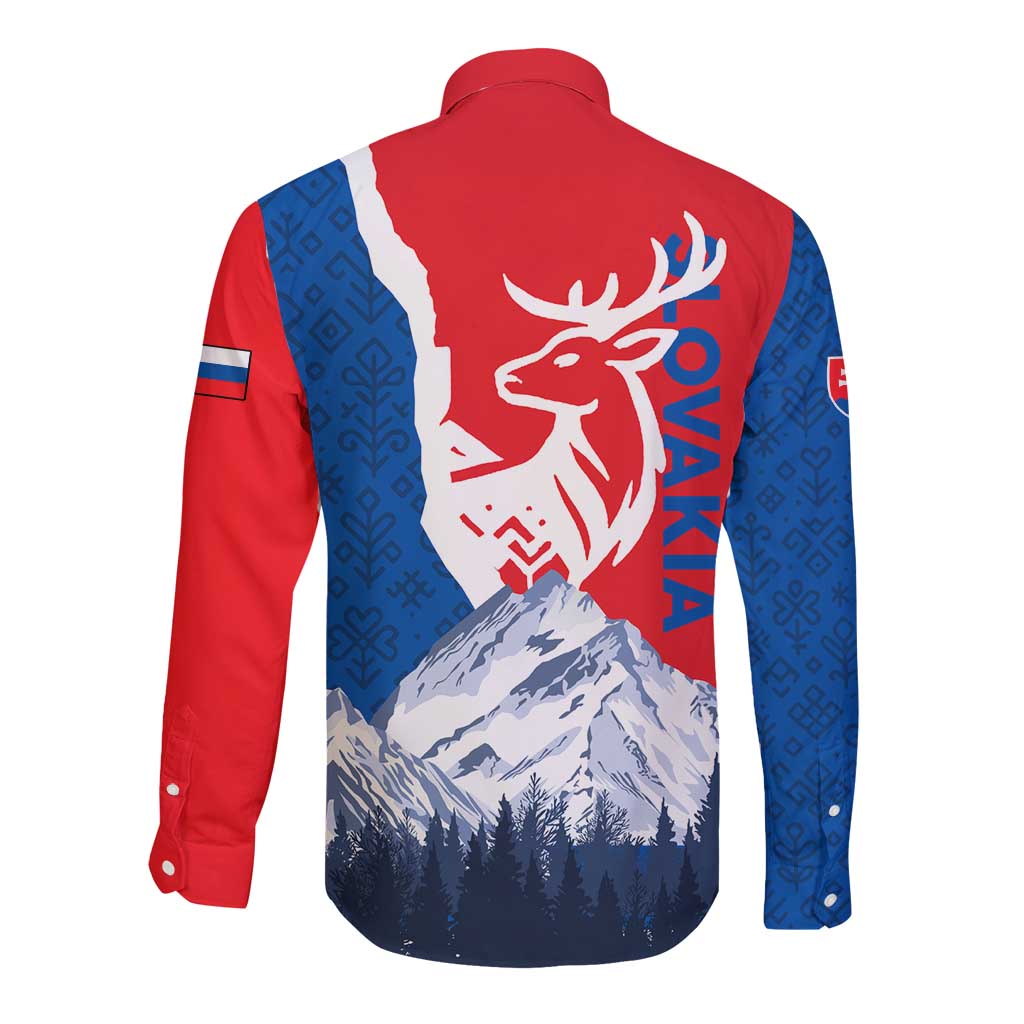Slovakia – Red Blue Deer and Mountain Design Long Sleeve Button Shirt with National Symbols