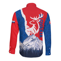 Slovakia – Red Blue Deer and Mountain Design Long Sleeve Button Shirt with National Symbols