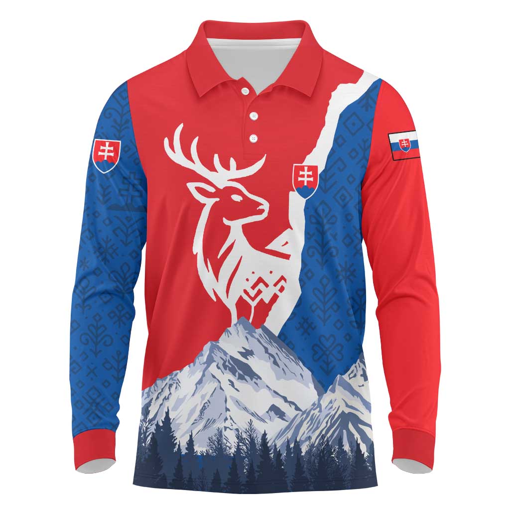 Slovakia – Red Blue Deer and Mountain Design Long Sleeve Polo Shirt with National Symbols