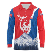 Slovakia – Red Blue Deer and Mountain Design Long Sleeve Polo Shirt with National Symbols
