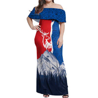 Slovakia – Red Blue Deer and Mountain Design Off Shoulder Maxi Dress with National Symbols