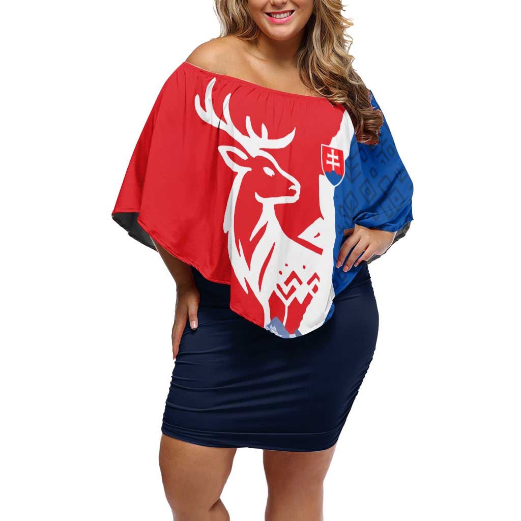 Slovakia – Red Blue Deer and Mountain Design Off Shoulder Short Dress with National Symbols
