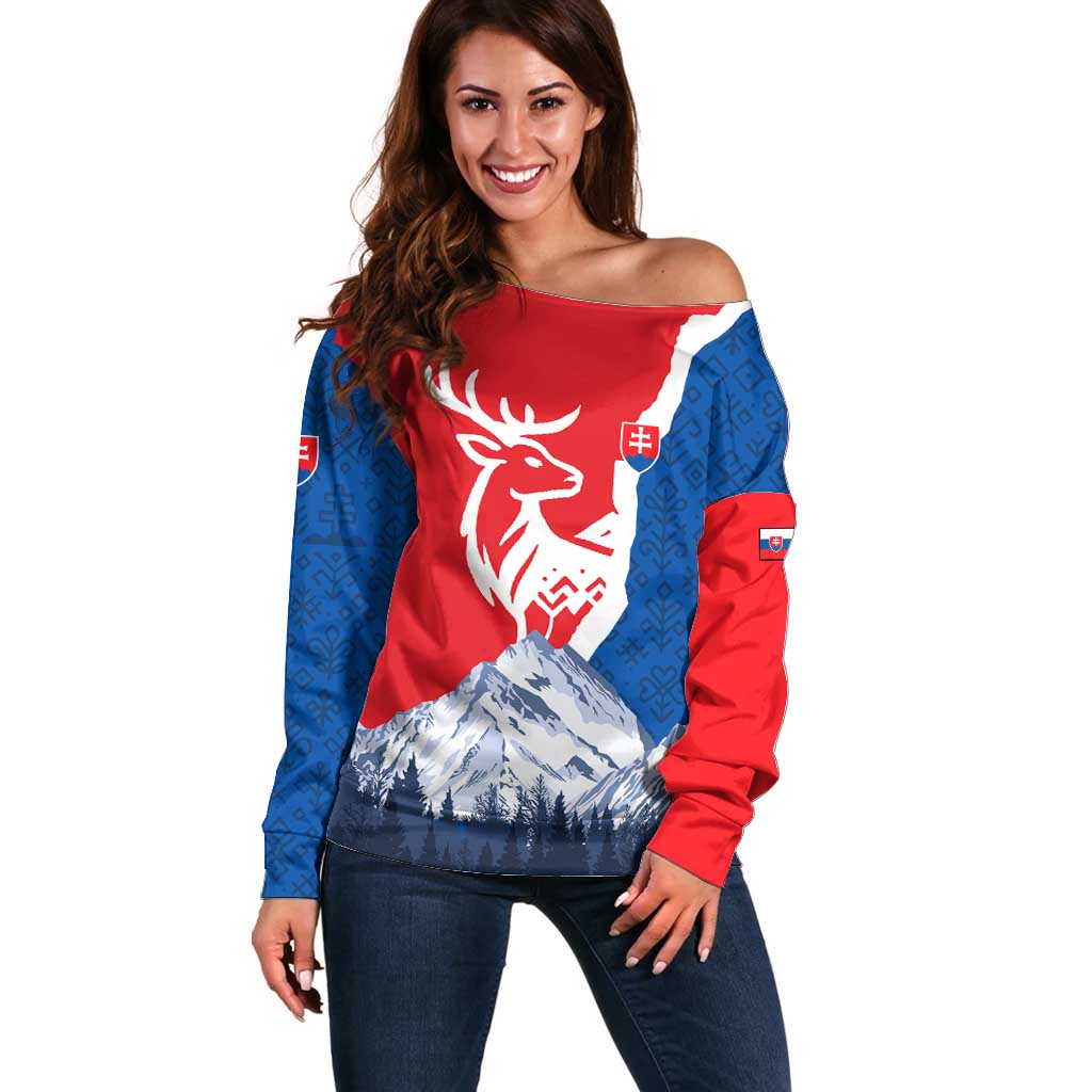 Slovakia – Red Blue Deer and Mountain Design Off Shoulder Sweater with National Symbols