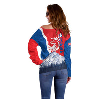 Slovakia – Red Blue Deer and Mountain Design Off Shoulder Sweater with National Symbols