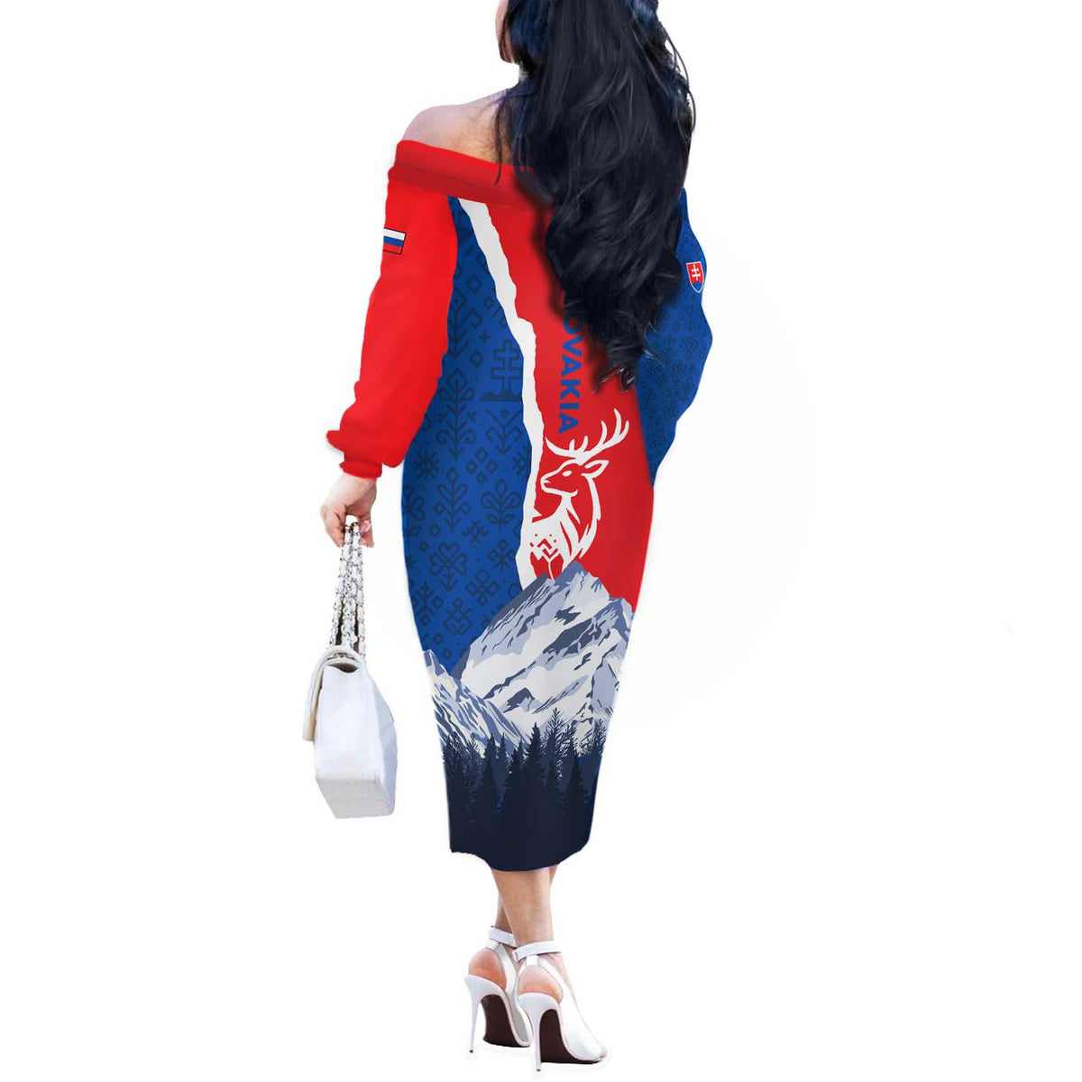 Slovakia – Red Blue Deer and Mountain Design Off The Shoulder Long Sleeve Dress with National Symbols