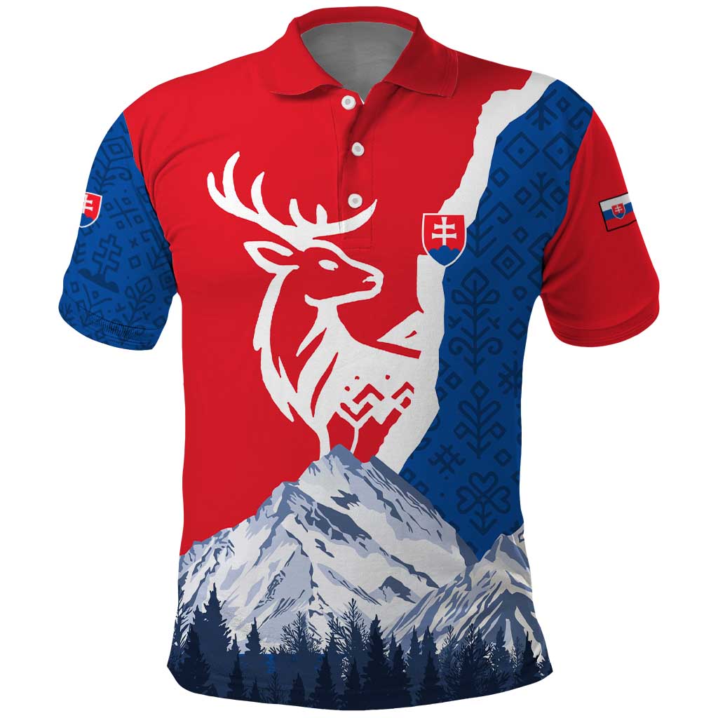 Slovakia – Red Blue Deer and Mountain Design Polo Shirt with National Symbols