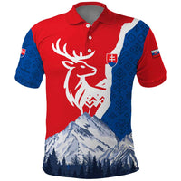 Slovakia – Red Blue Deer and Mountain Design Polo Shirt with National Symbols
