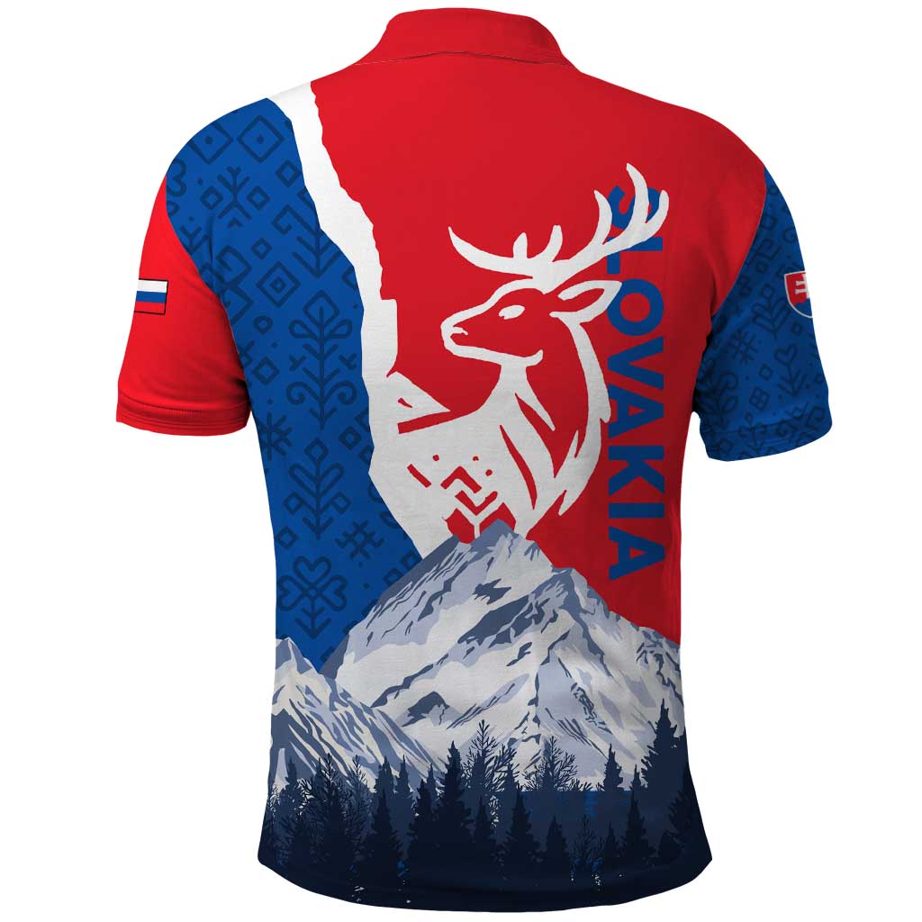 Slovakia – Red Blue Deer and Mountain Design Polo Shirt with National Symbols