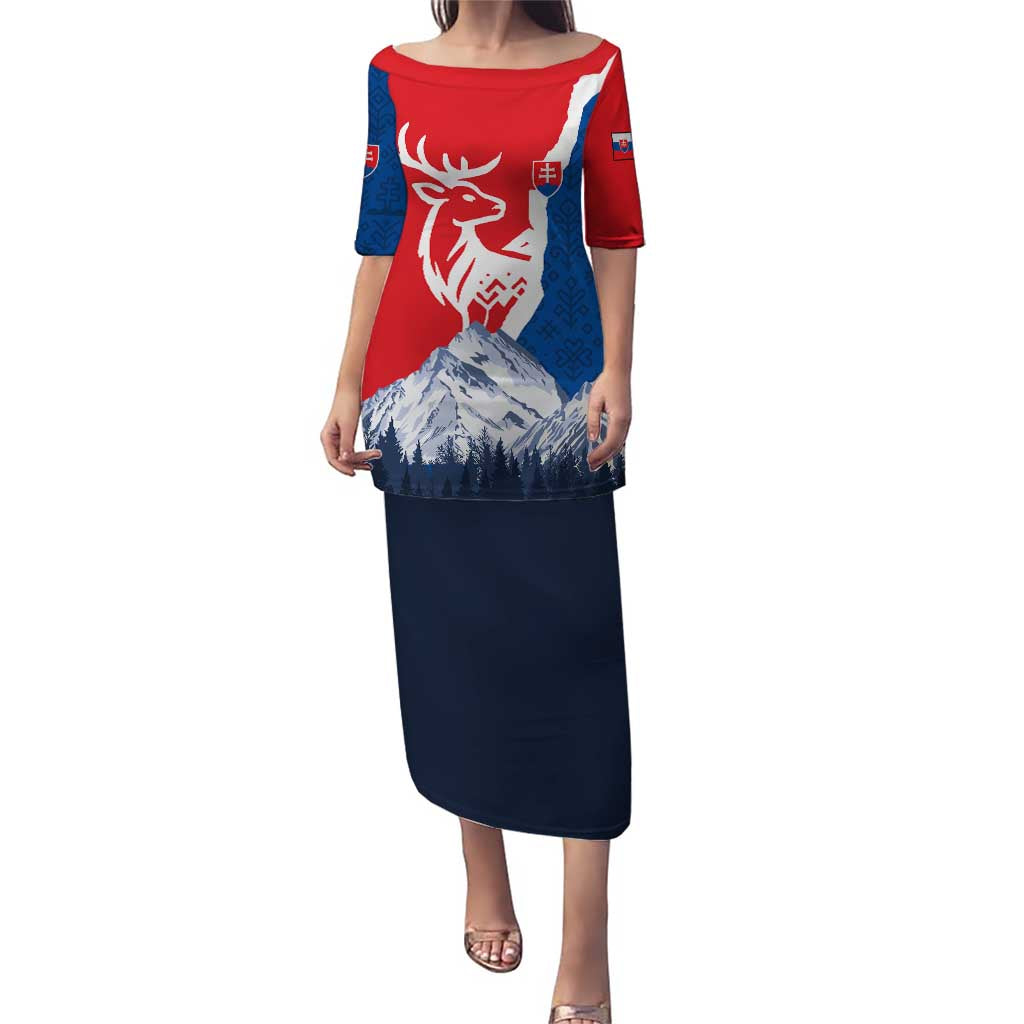 Slovakia – Red Blue Deer and Mountain Design Puletasi with National Symbols